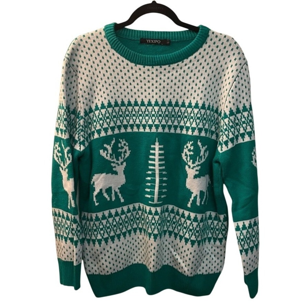 YEXIPO Green White Reindeer Christmas Sweater Mens Large Fair Isle Holiday Knit